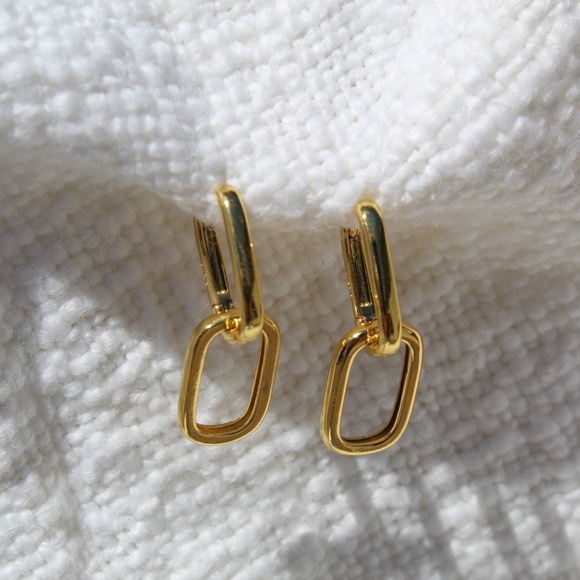 Sterling Silver Gold Chain Link Hoop Dangle Earrings - Picture 7 of 10